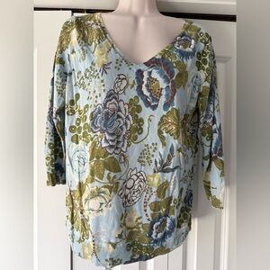 Talbots blue floral thin lightweight sweater large L spring